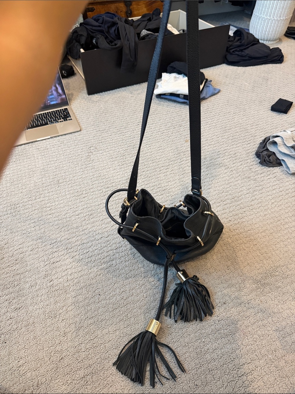 Black Leather Tassel Drawstring Bucket Bag - Picture 2 of 2